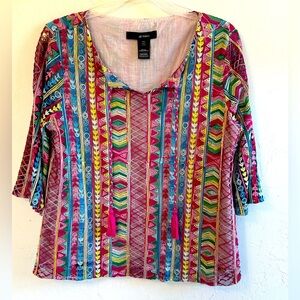 Ali Miles Colorful Woven Boho Flared Sleeves V-Neck with Tassels Blouse Sz MP